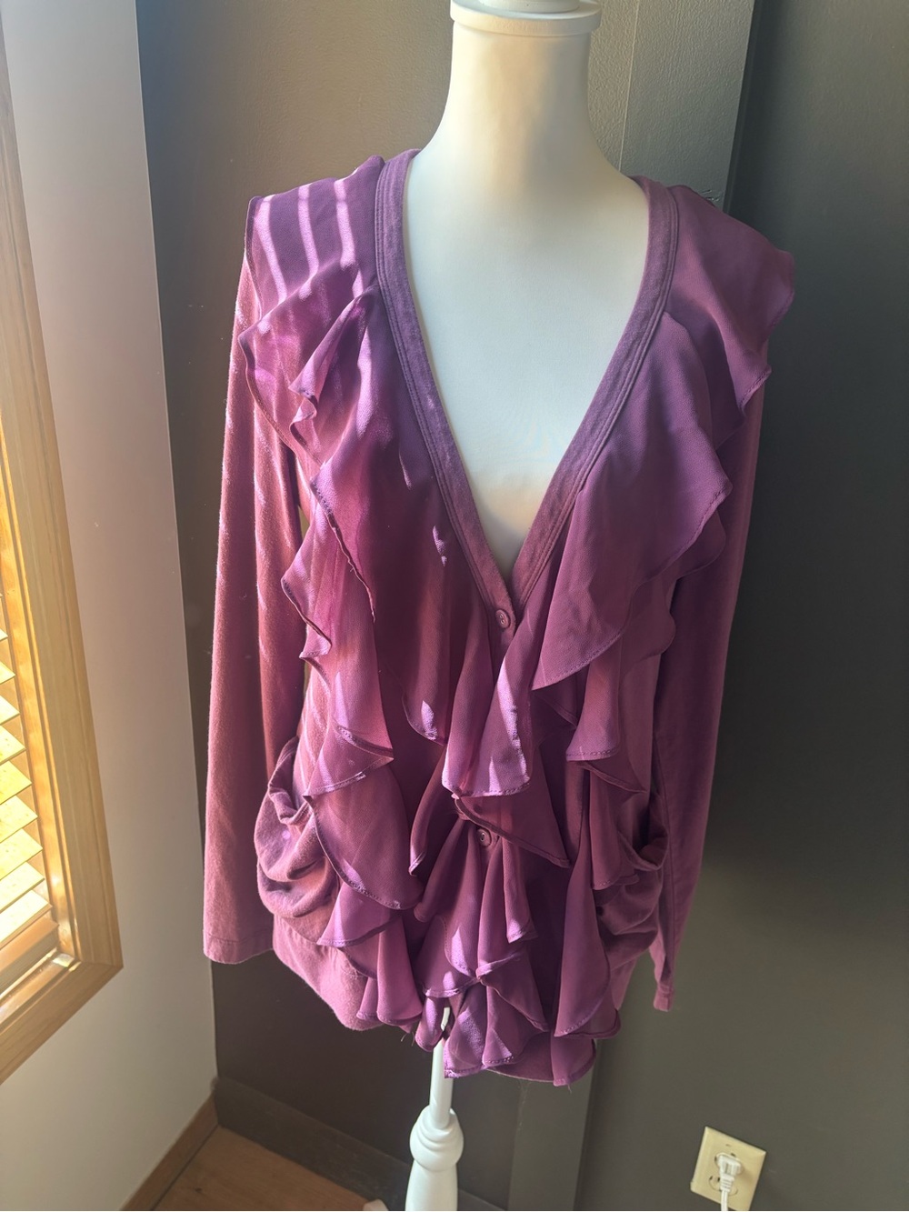 LOGO by Lori Goldstein Purple Ruffle Button Front Cardigan Top L